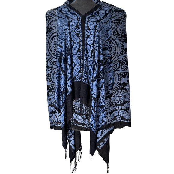 Bijoux Terner Pullover Kimono Scarf Wrap Blue Black Paisley Jacquard Print NEW - Picture 2 of 10
